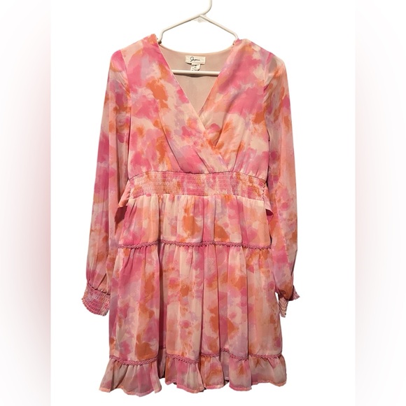 Japna Dresses & Skirts - Japna Pink Watercolor Long Sleeve Ruffle Mini Dress | SZ S